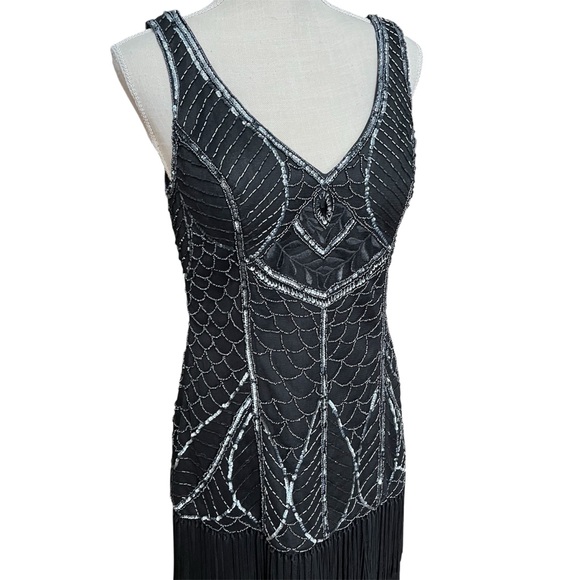 SUE WONG NOCTURNE ✨VINTAGE Y2K✨ | Black and Silver Beaded Flapper Dress Size 10 - Picture 2 of 9